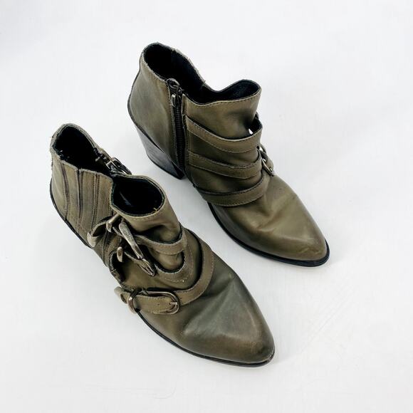 BASKE green gray leather buckle pointed toe booties - Picture 3 of 6